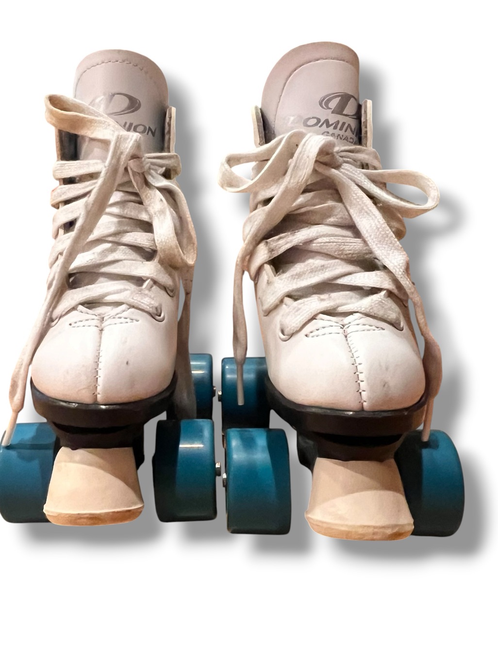 Vtg Dominion Marathon Lv Roller Skates Kids Sz 8 Retro White Teal Blue Wheels — image 2 of 8